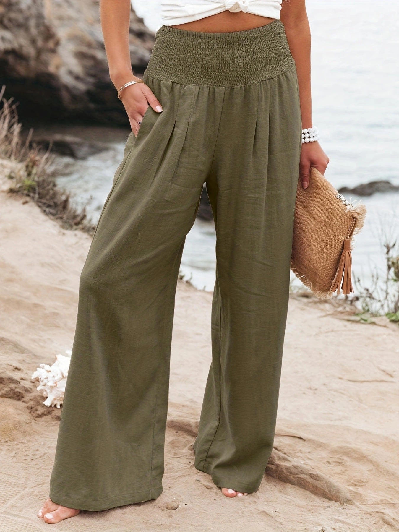 Damen Weite Leinenhose mit Elastikbund Sovae