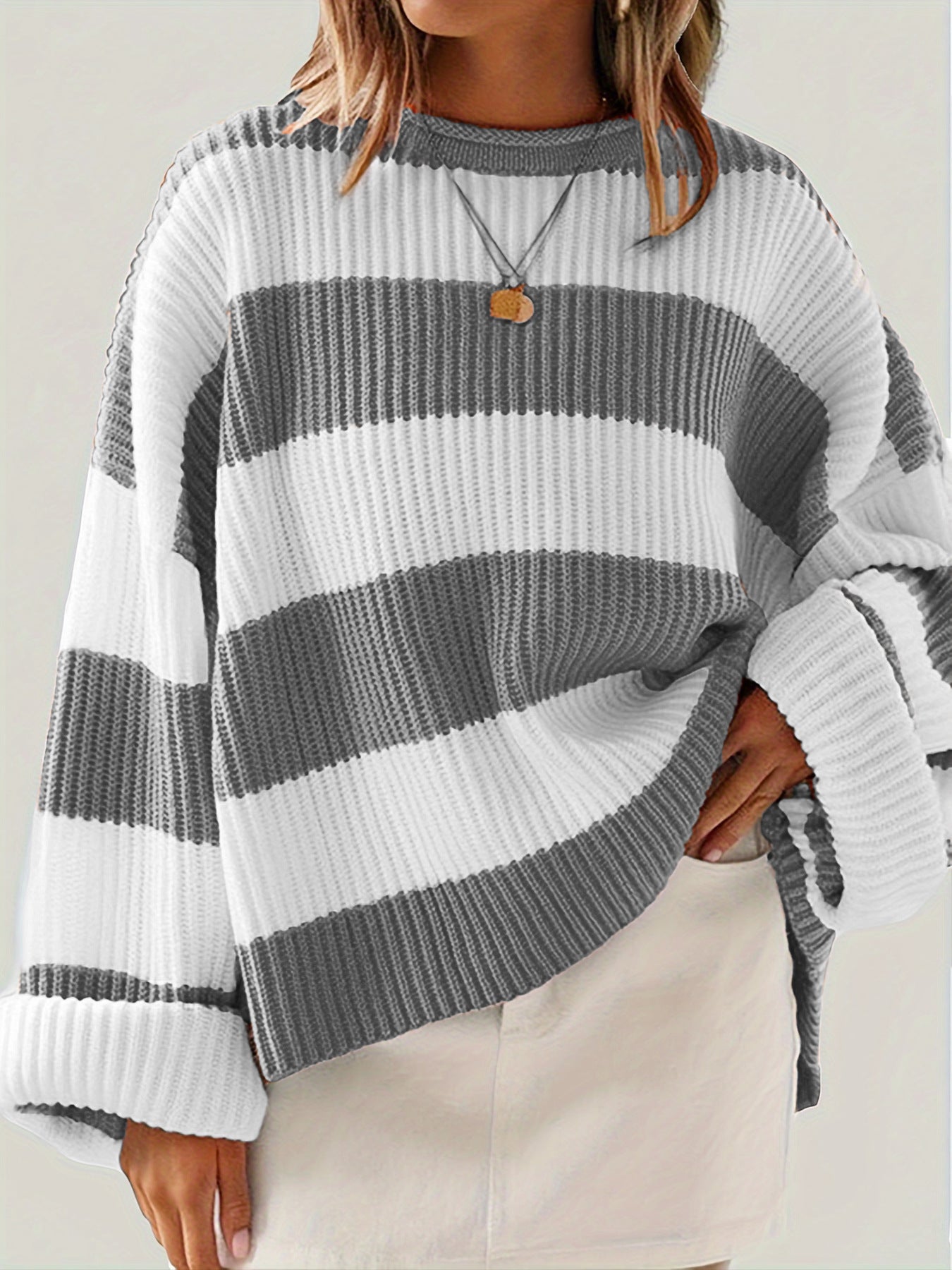 Damen lässiger Strickpullover mit breiten Streifen und lockerer Passform Sovae