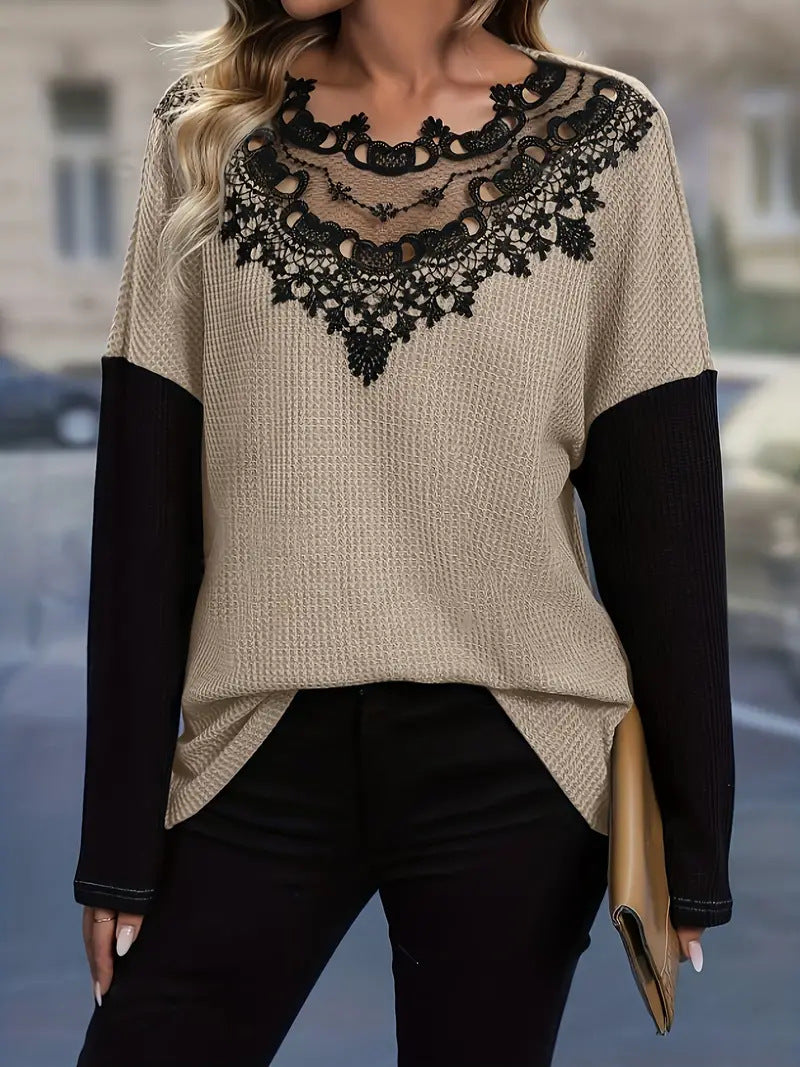 Damen Elegantes Strickoberteil mit gehäkeltem Spitzenkragen Sovae