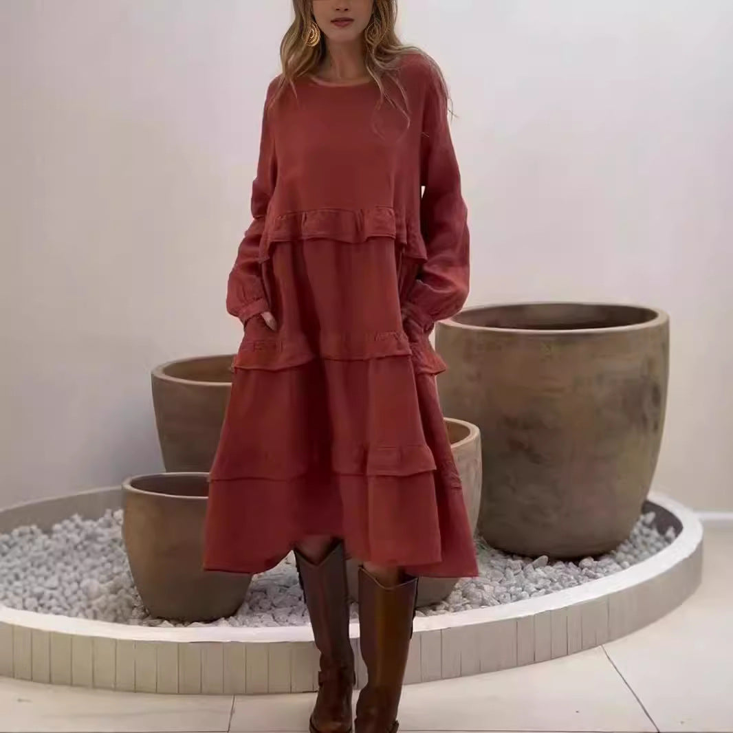 Damen luftiges Leinen-Midikleid mit Rüschendetails Sovae
