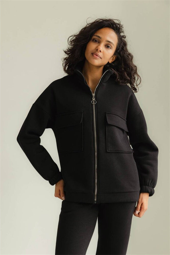 Damen sportlicher Fleece-Kapuzenpullover mit Reißverschluss und praktischen Taschen Sovae
