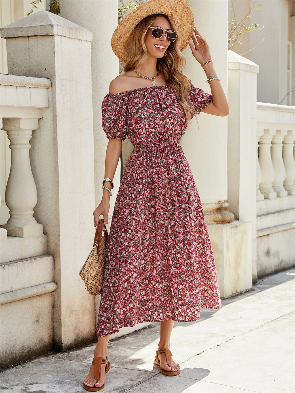 Damen luftiges Midikleid mit Puffärmeln und floralem Muster Sovae