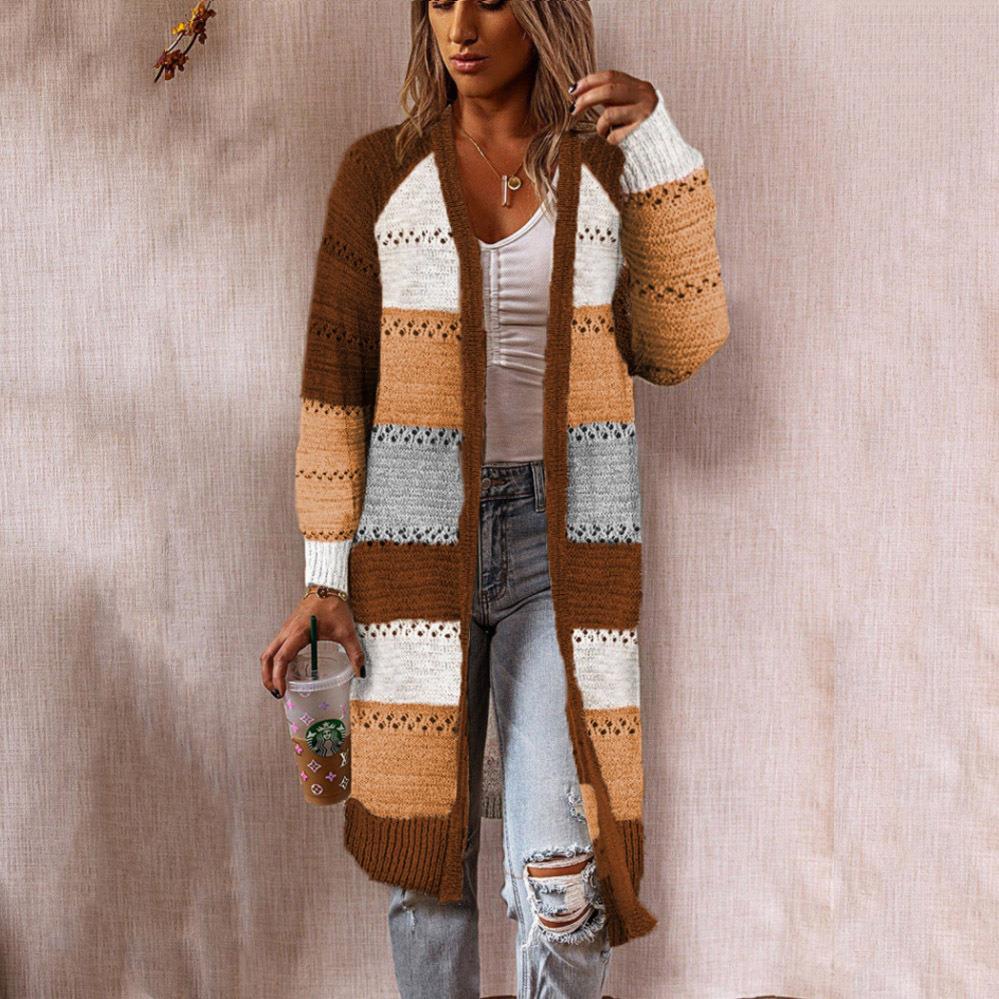 Damen Strickjacke im Retro-Patchwork-Stil mit langen Ärmeln und offenen Front Sovae