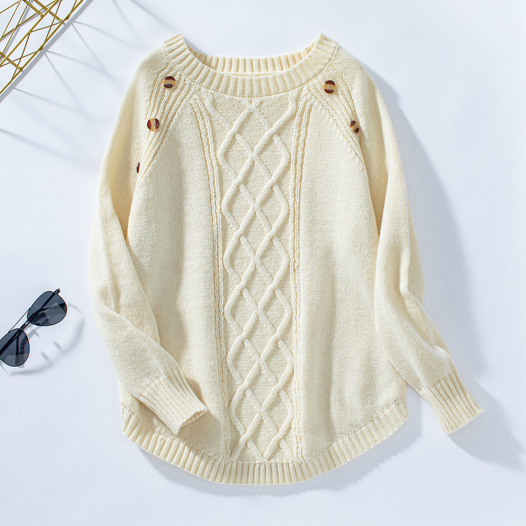 Damen Strickpullover mit dekorativem Zopfmuster und Knopfdetails Sovae