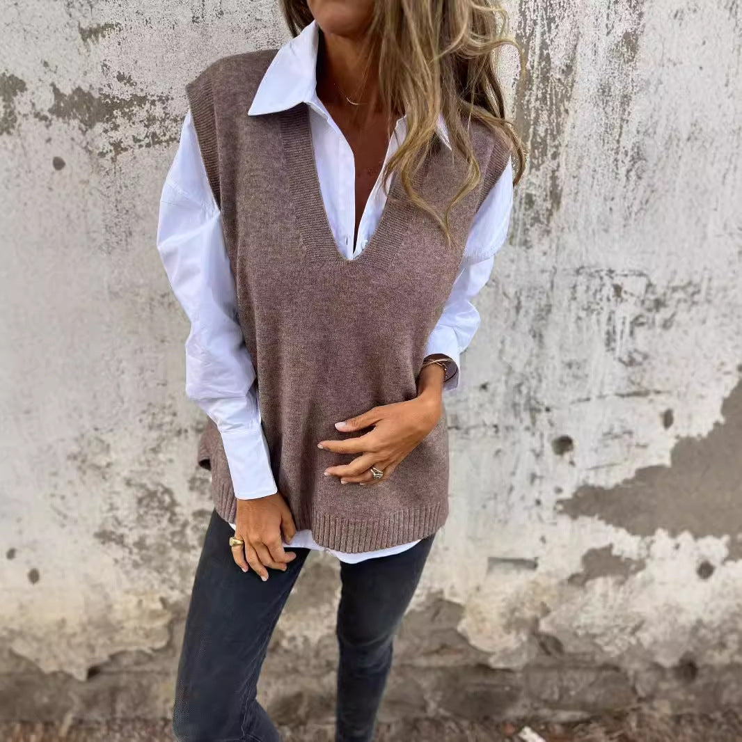 Damen elegante Strickweste mit V-Ausschnitt Sovae