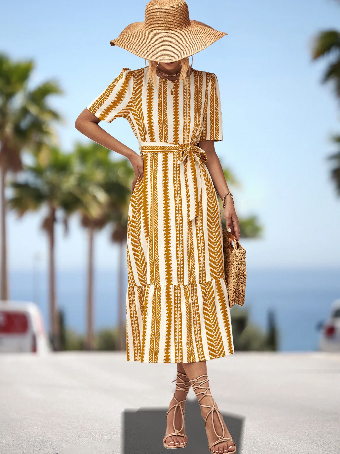 Damen Midikleid mit schmeichelndem Gürtel und voluminösem Rock Sovae