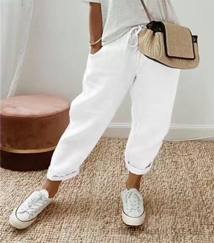 Damen bequeme Leinenhose mit elastischem Bund Sovae