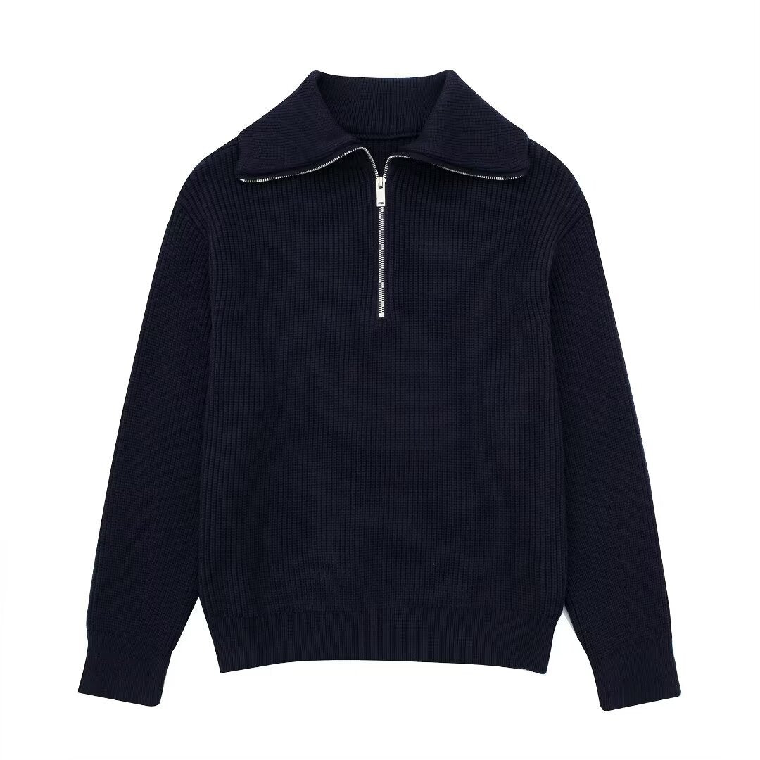 Damen modischer Strickpullover mit halbem Reißverschluss und Streifenmuster Sovae