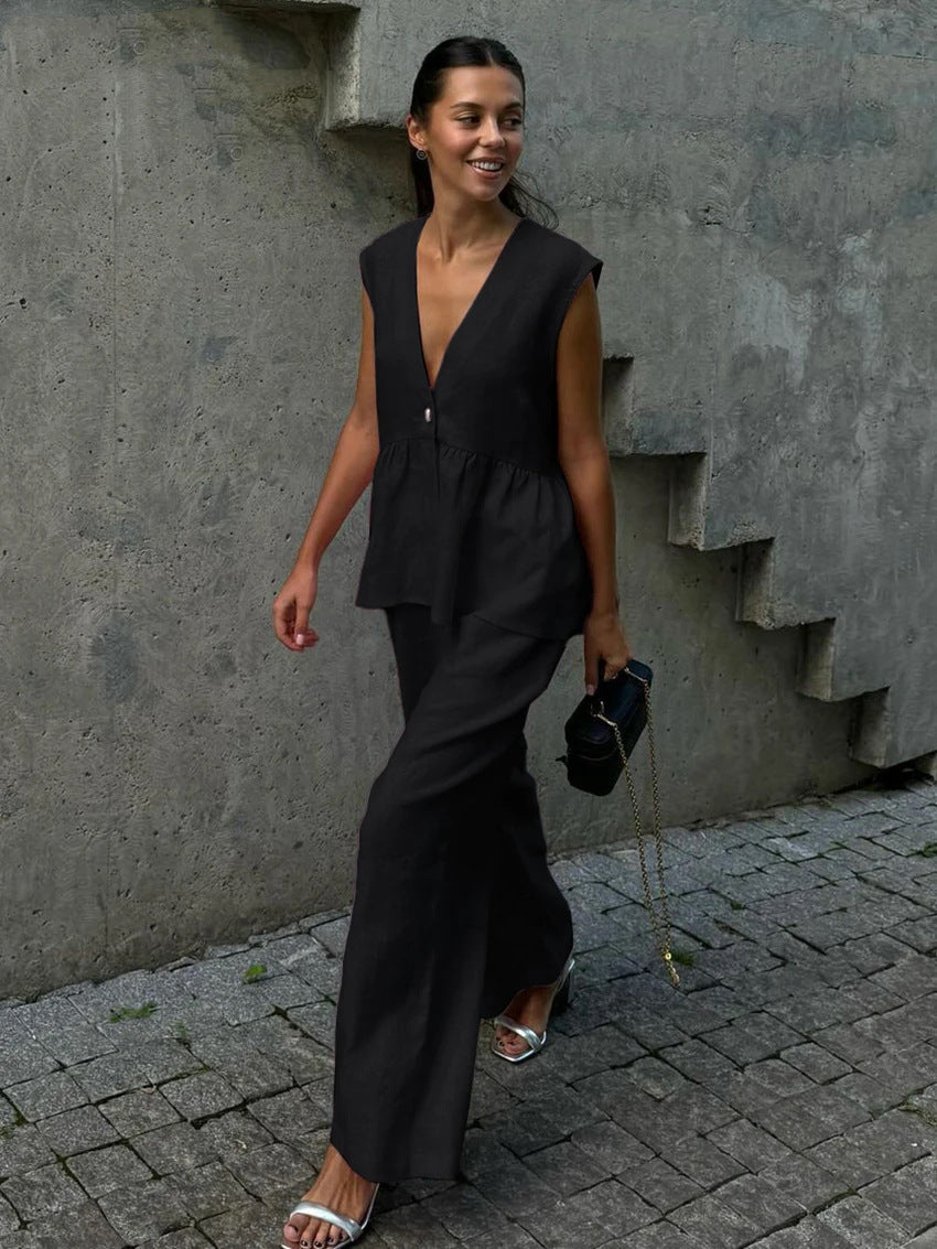 Damen eleganter und luftiger Hosenanzug mit tiefem V-Ausschnitt Sovae