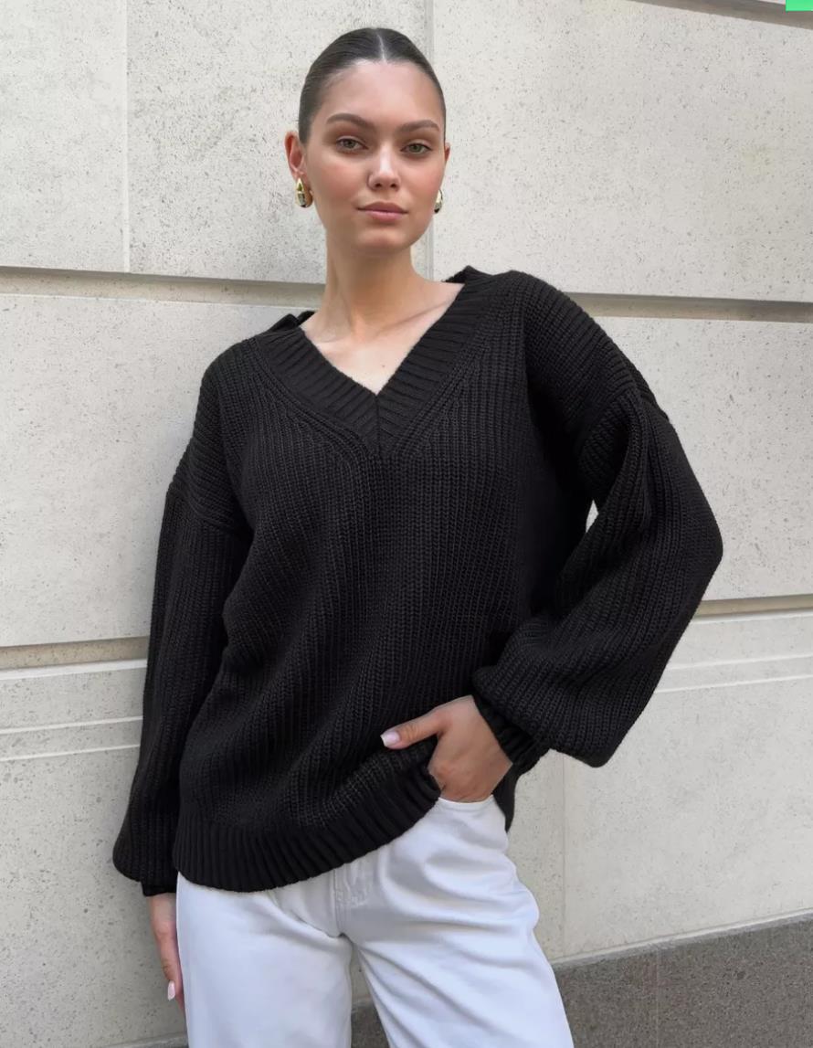 Damen lässiger Pullover mit V-Ausschnitt und voluminösen Ärmeln Sovae