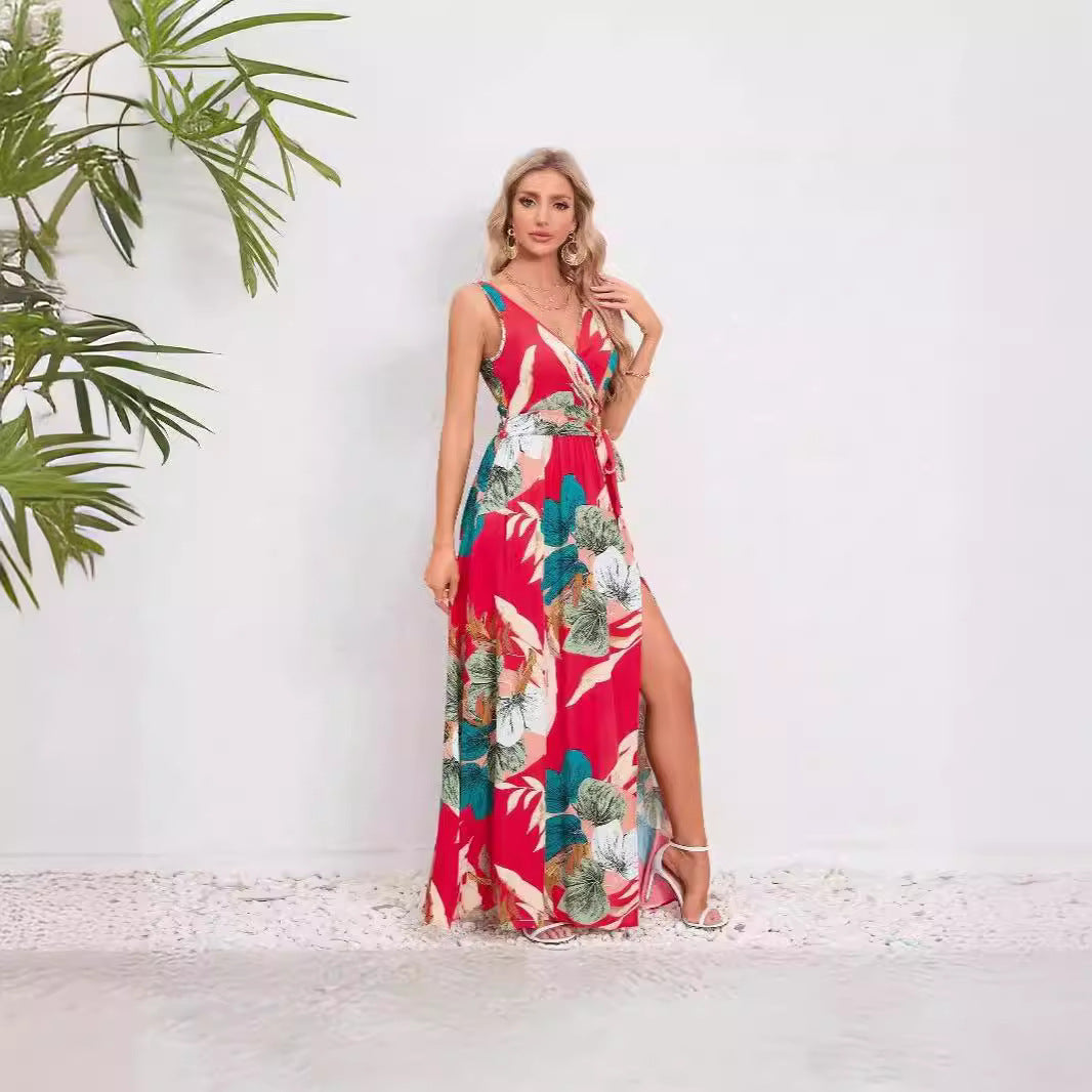 Damen Maxikleid mit tiefem V-Ausschnitt und floralem Muster Sovae