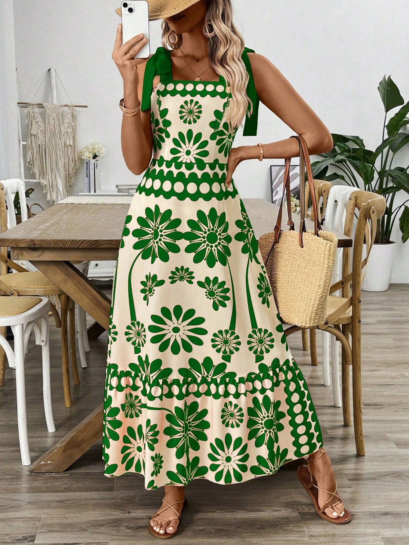 Damen Midikleid mit floralem Design und dekorativen Trägern Sovae