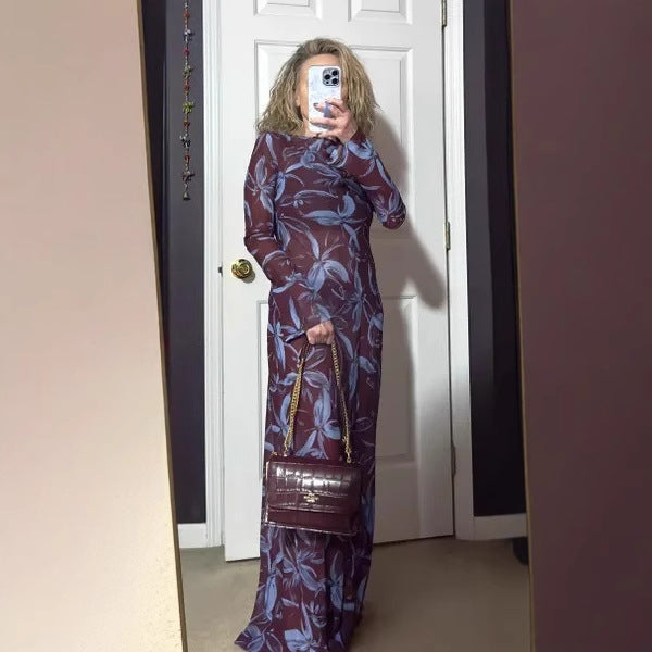 Dame Langärmliges Maxikleid mit Blumenmuster und elegantem U-Ausschnitt Sovae