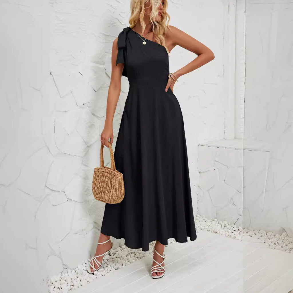 Damen elegantes Maxikleid mit asymmetrischem Träger und fließendem Rock Sovae