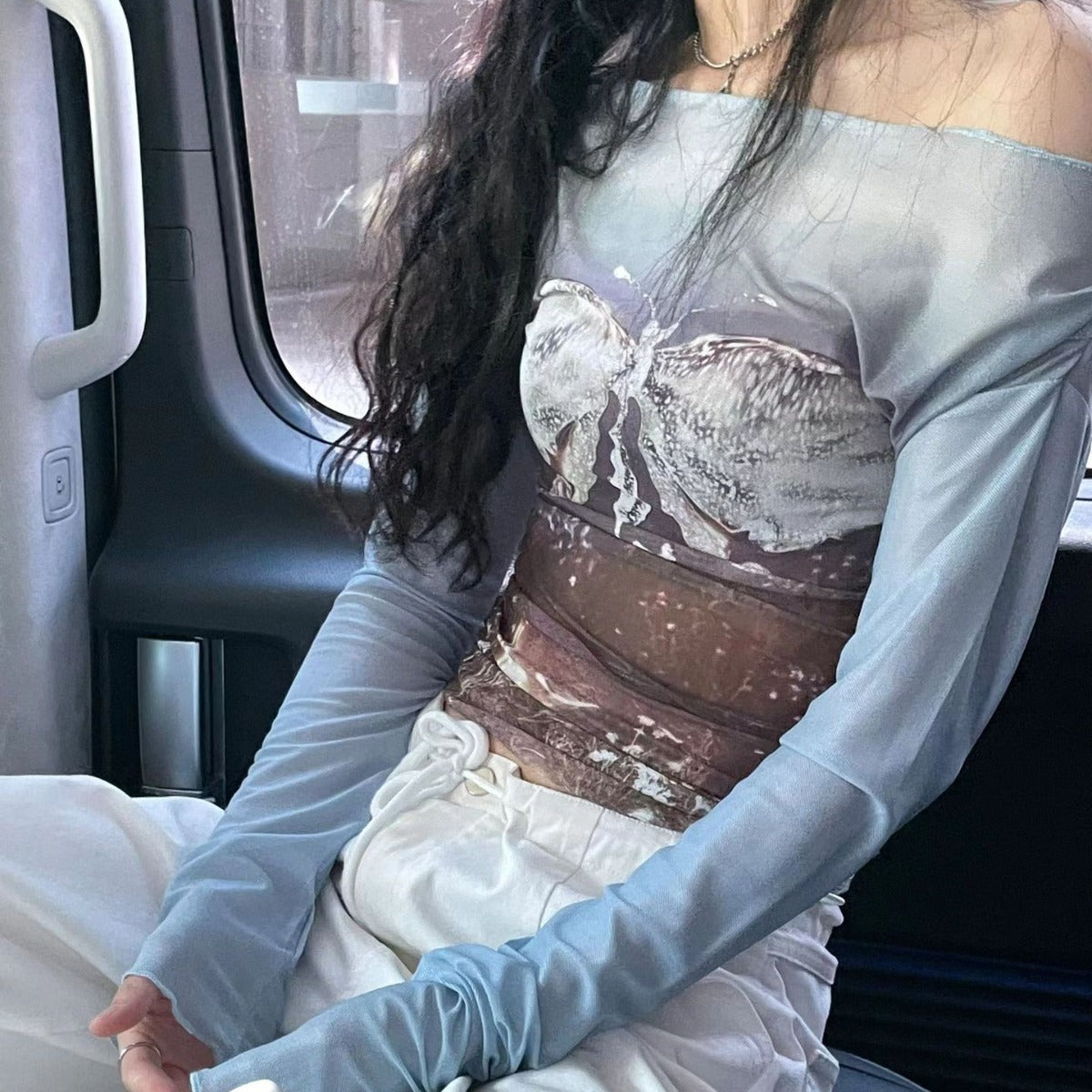 Damen Off-Shoulder Langarmshirt mit kreativem Druck Sovae