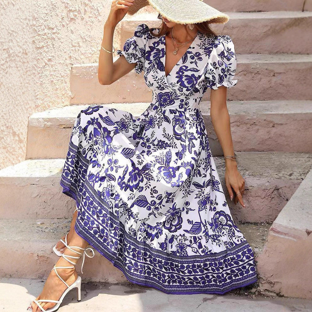Damen Maxikleid mit voluminösen Ärmeln und floralen Verzierungen Sovae