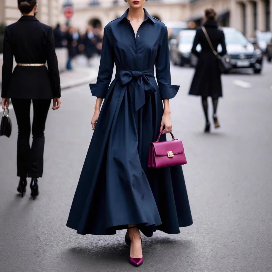 Damen Elegantes Langarm-Maxikleid mit Taillengürtel Sovae