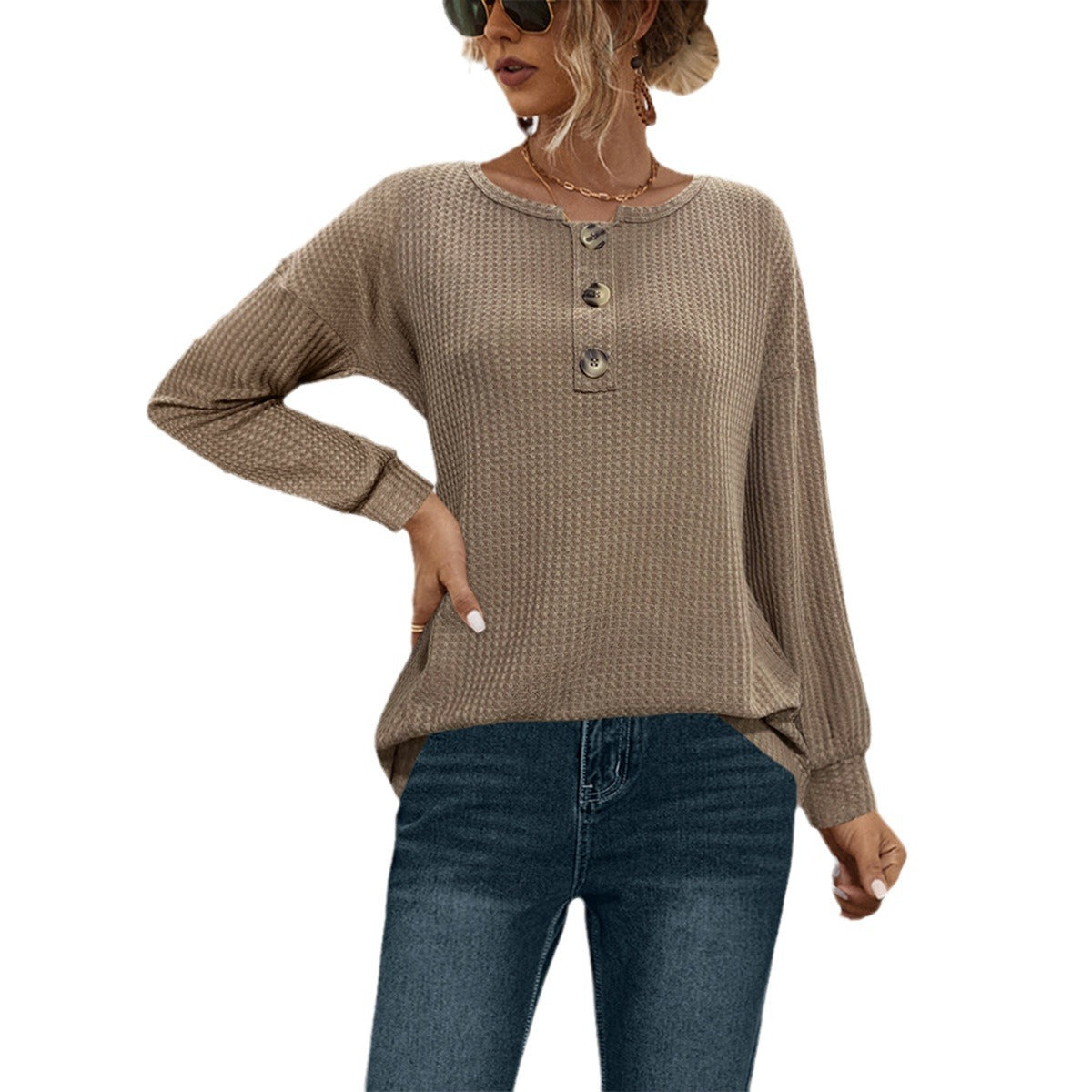 Damen lässiger Strickpullover mit dekorativen Knöpfen und weitem Schnitt Sovae