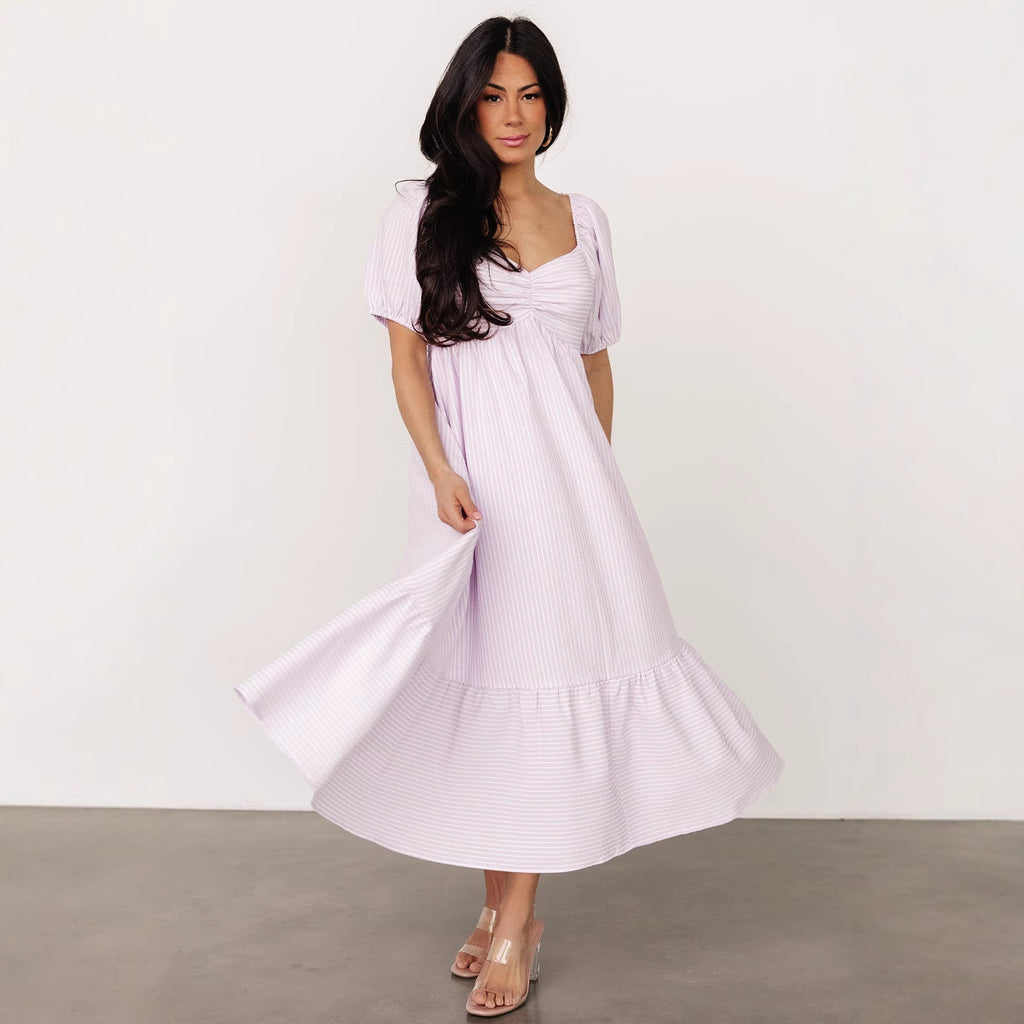 Damen lässiges und schickes Midi-Kleid mit Puffärmeln Sovae