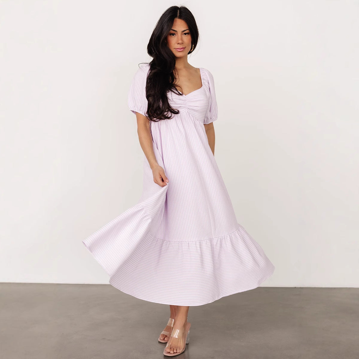 Damen lässiges und schickes Midi-Kleid mit Puffärmeln Sovae
