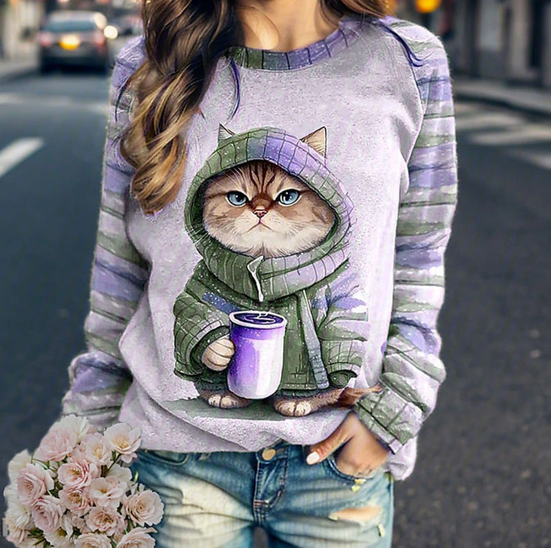 Damen Sweatshirt mit Katzenmotiv und Kapuze Sovae