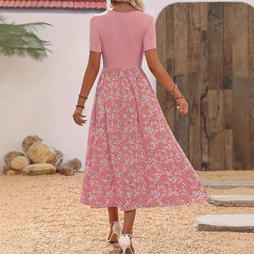 Damen Maxikleid mit kurzem Ärmel und floralem Rock Sovae