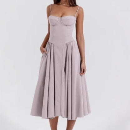 Damen Midikleid mit trägerlosem Design und voluminösem Faltenrock Sovae