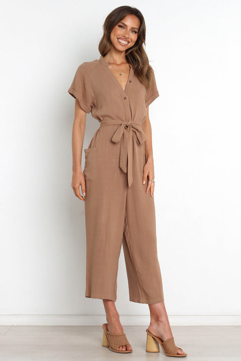 Damen lässiger Jumpsuit mit Taillengürtel und kurzen Ärmeln Sovae