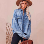 Damen lässige Oversized Jeanshemd mit aufgesetzten Taschen Sovae