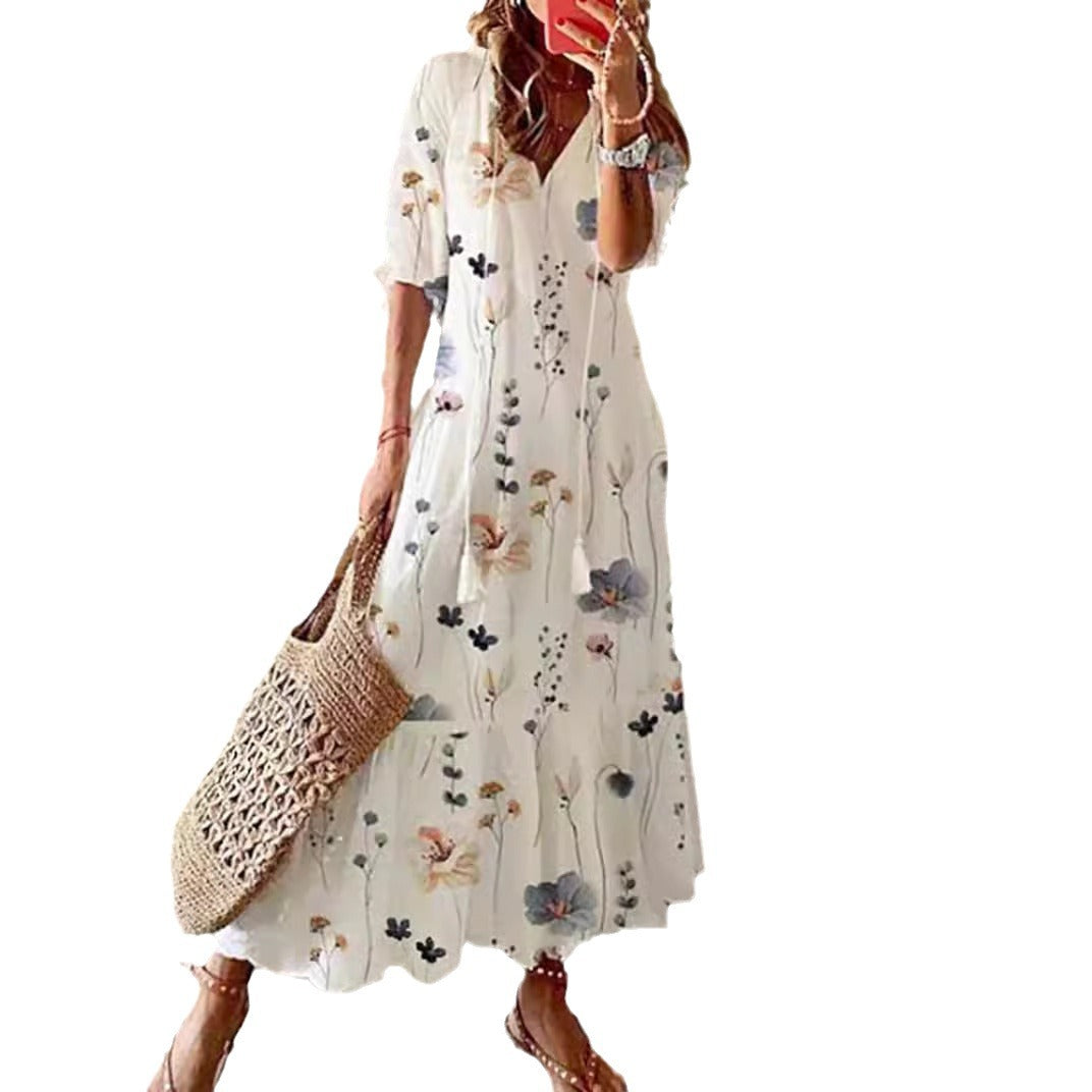 Damen Maxikleid mit floralen Stickereien und elegantem V-Ausschnitt Sovae