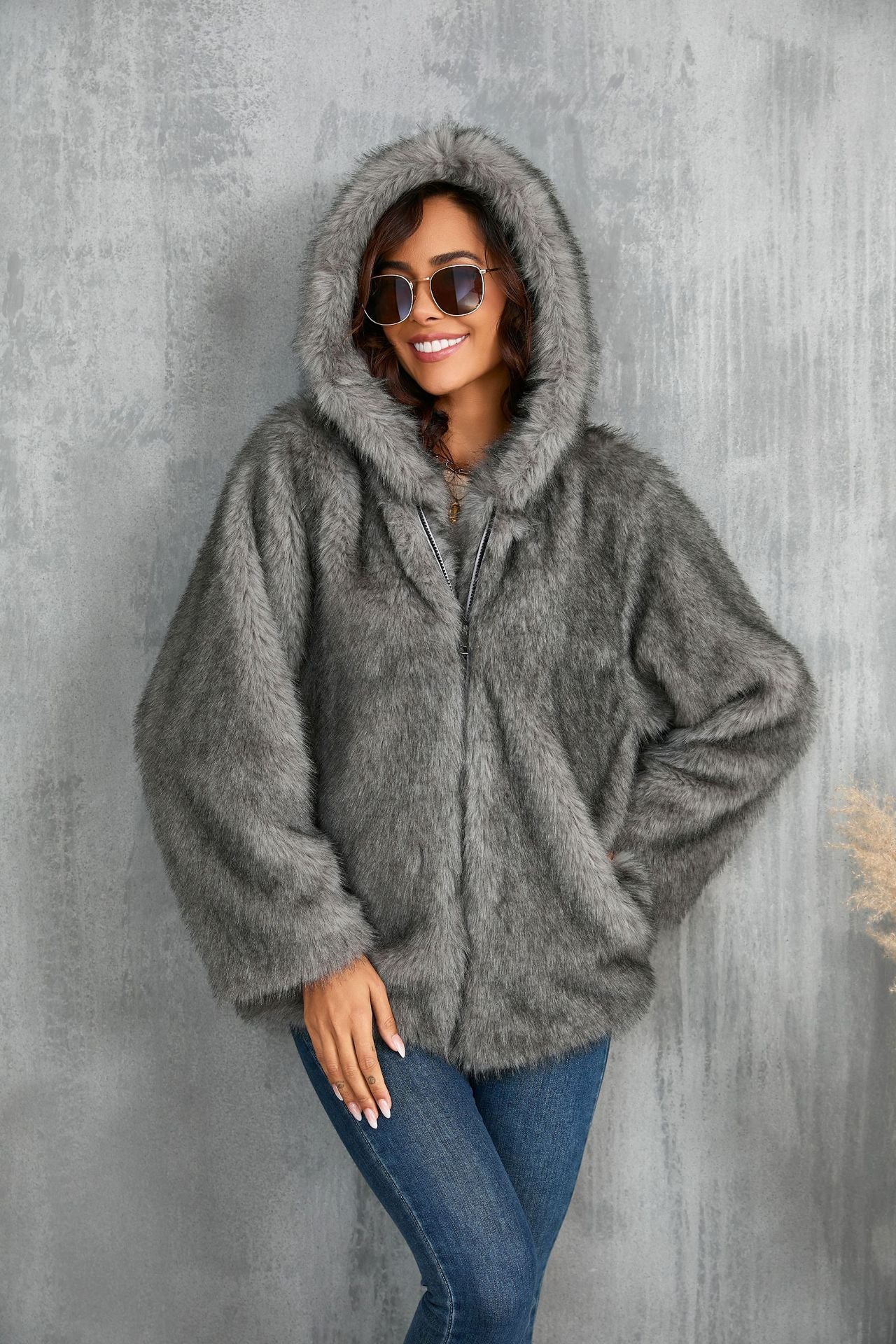 Damen kuschelige Kapuzenjacke Sovae