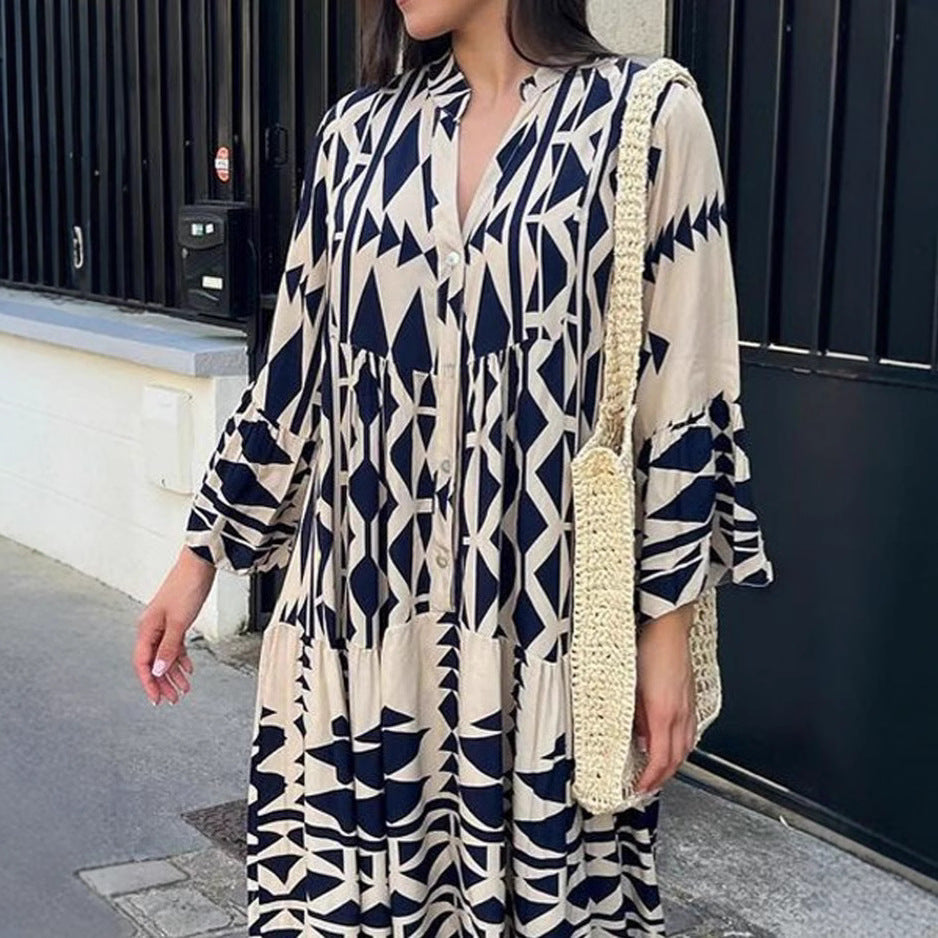 Damen Maxikleid im modernen Bohemian-Stil mit eleganten Rüschen und V-Ausschnitt Sovae