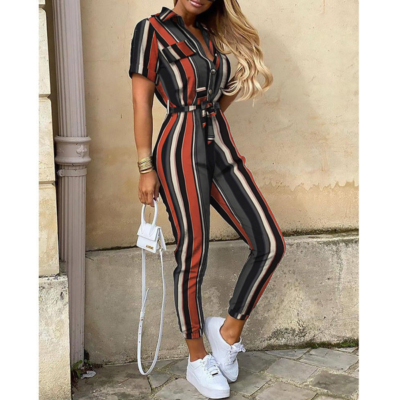 Damen lässiger Kurzarm Jumpsuit mit Taillengürtel Sovae