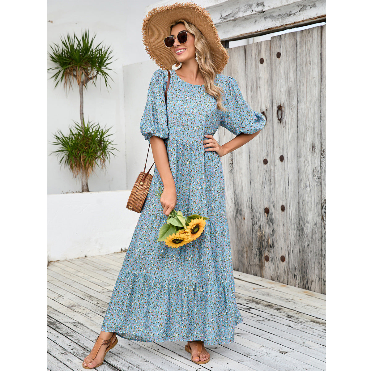 Damen Maxikleid mit Volant und floralen Details Sovae