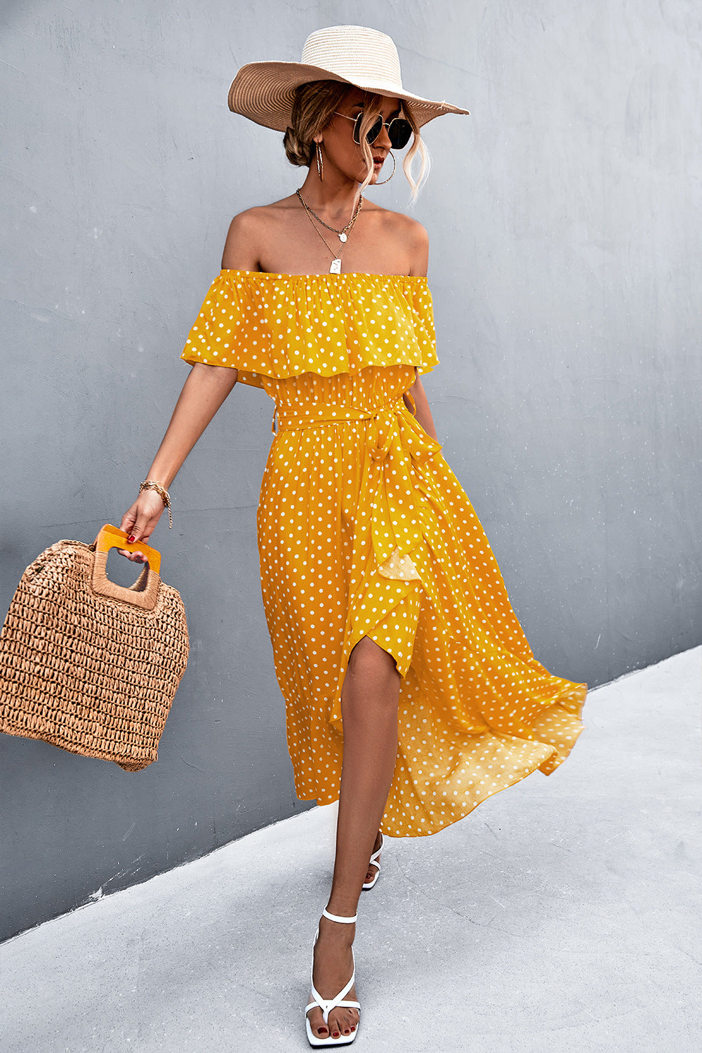 Damen Off-Shoulder Maxikleid mit Rüschendetails und seitlichem Schlitz Sovae