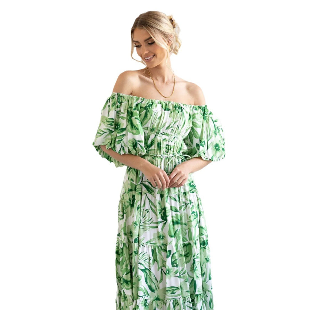 Damen maxi Kleid mit Off-Shoulder Design und floraler Prints Sovae