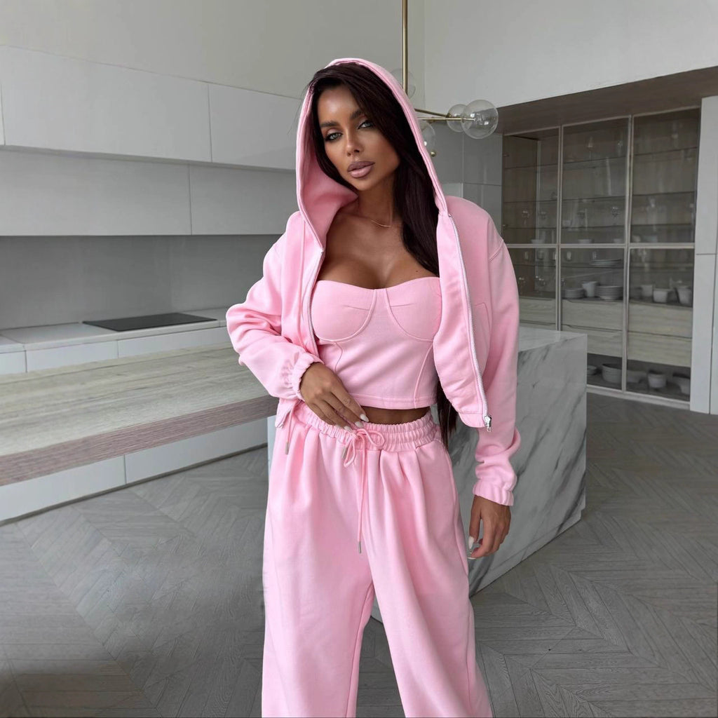 Damen bequemer und eleganter Freizeitanzug mit hoch komfortabler Kapuzenjacke und lässigen Hosen Sovae