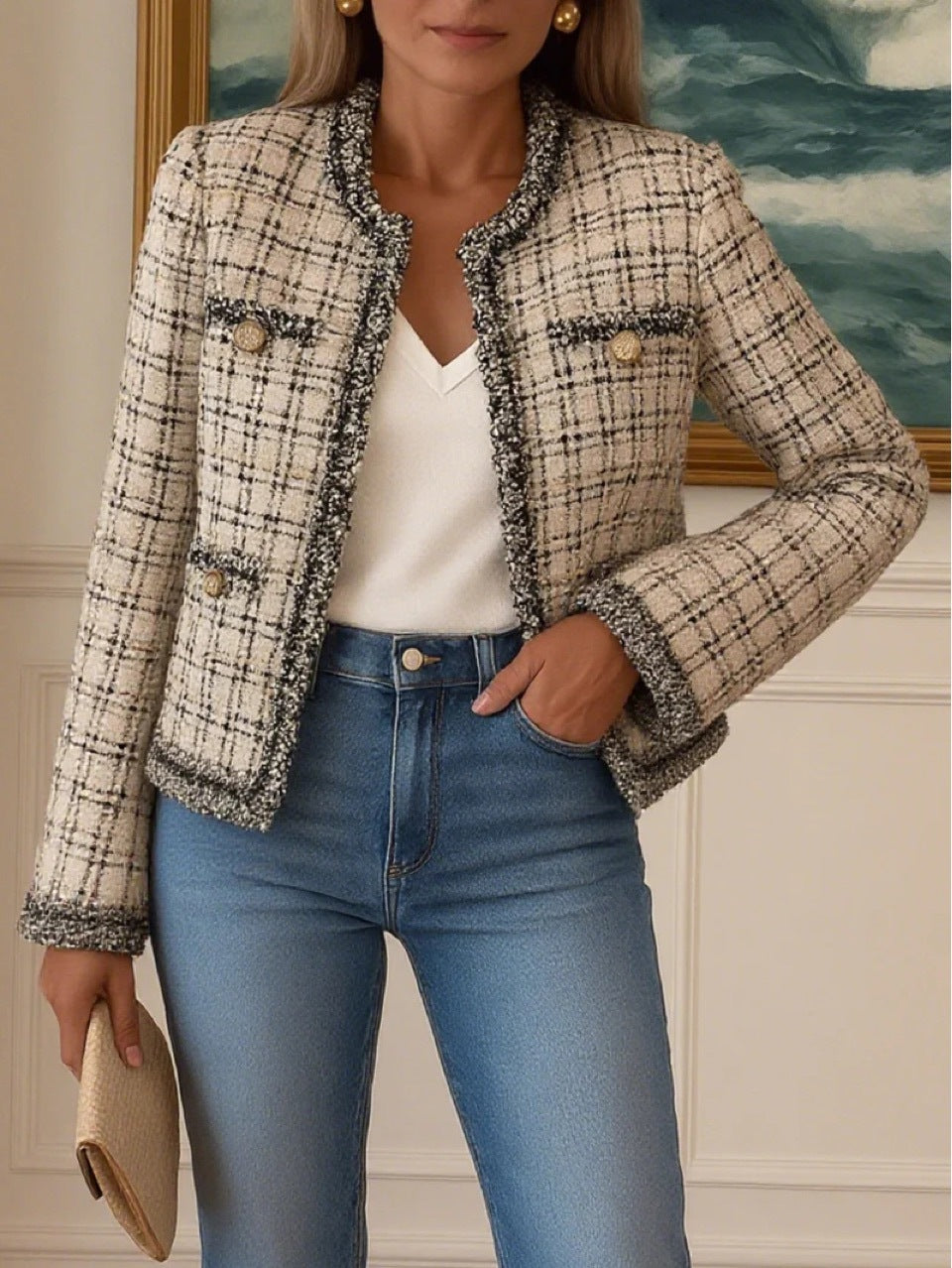 Damen elegante Tweedjacke mit dekorativen Knöpfen Sovae