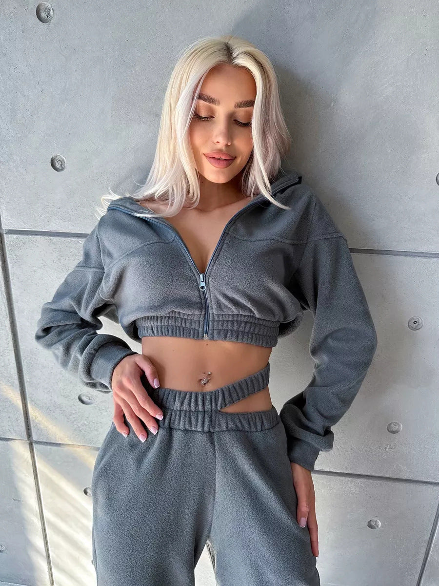 Damen Fleece-Cropped-Set mit weitem Bund Sovae