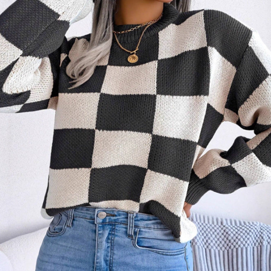 Damen Gemusterter Strickpullover mit Karomuster und modischem Rundhalsausschnitt Sovae