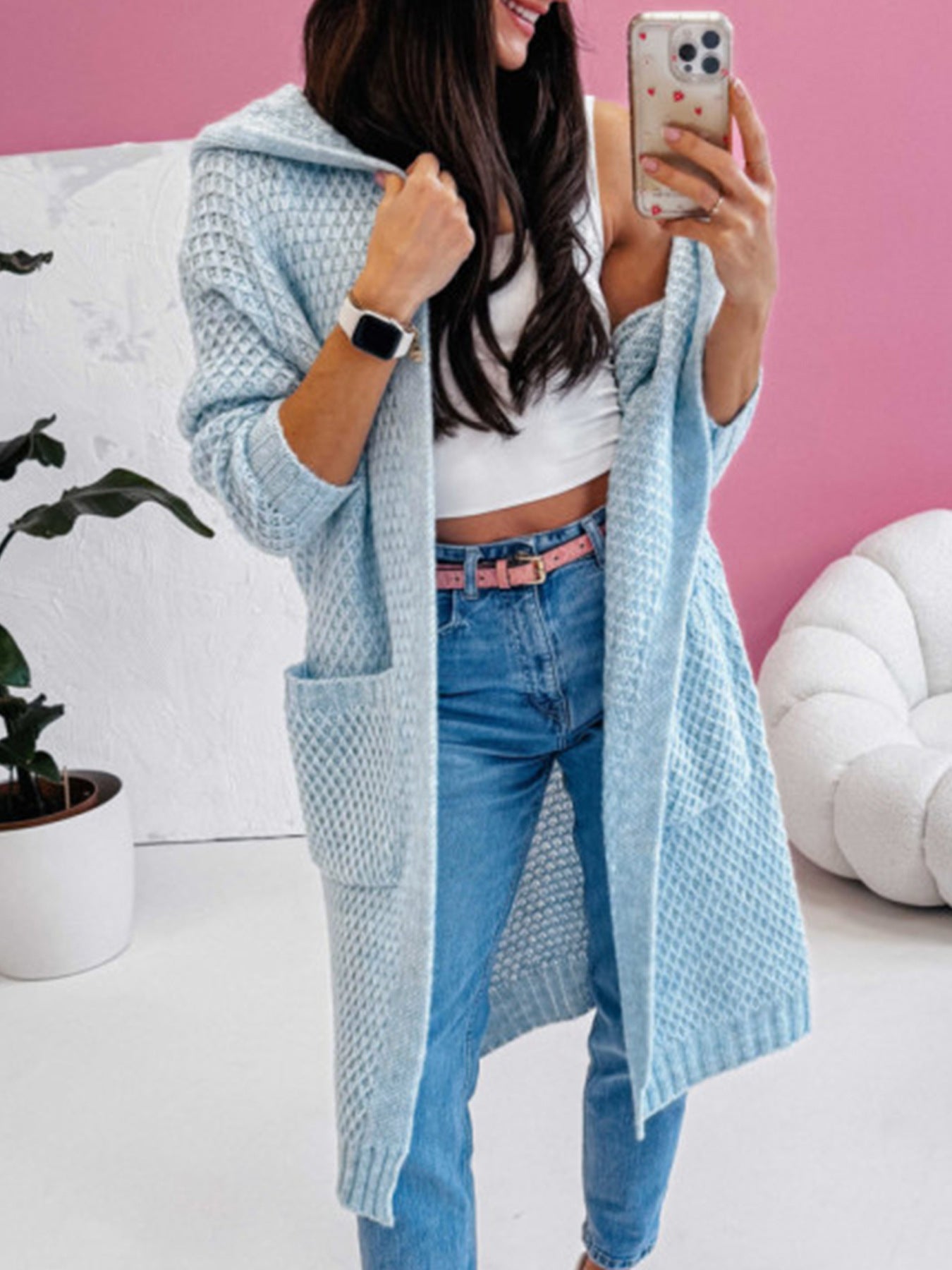 Damen Strickmantel mit luftiger Maschenstruktur und praktischen Taschen Sovae