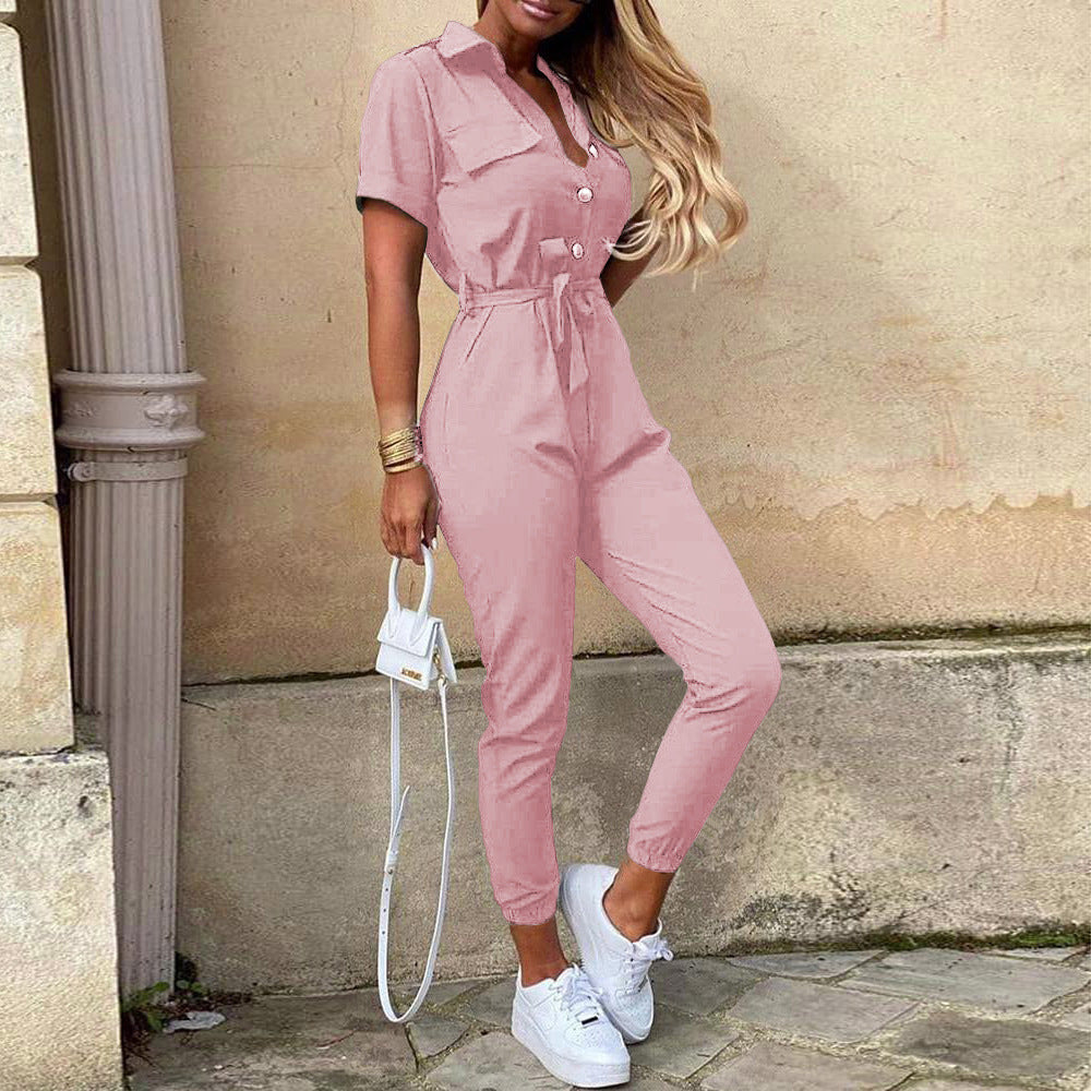 Damen lässiger Kurzarm Jumpsuit mit Taillengürtel Sovae