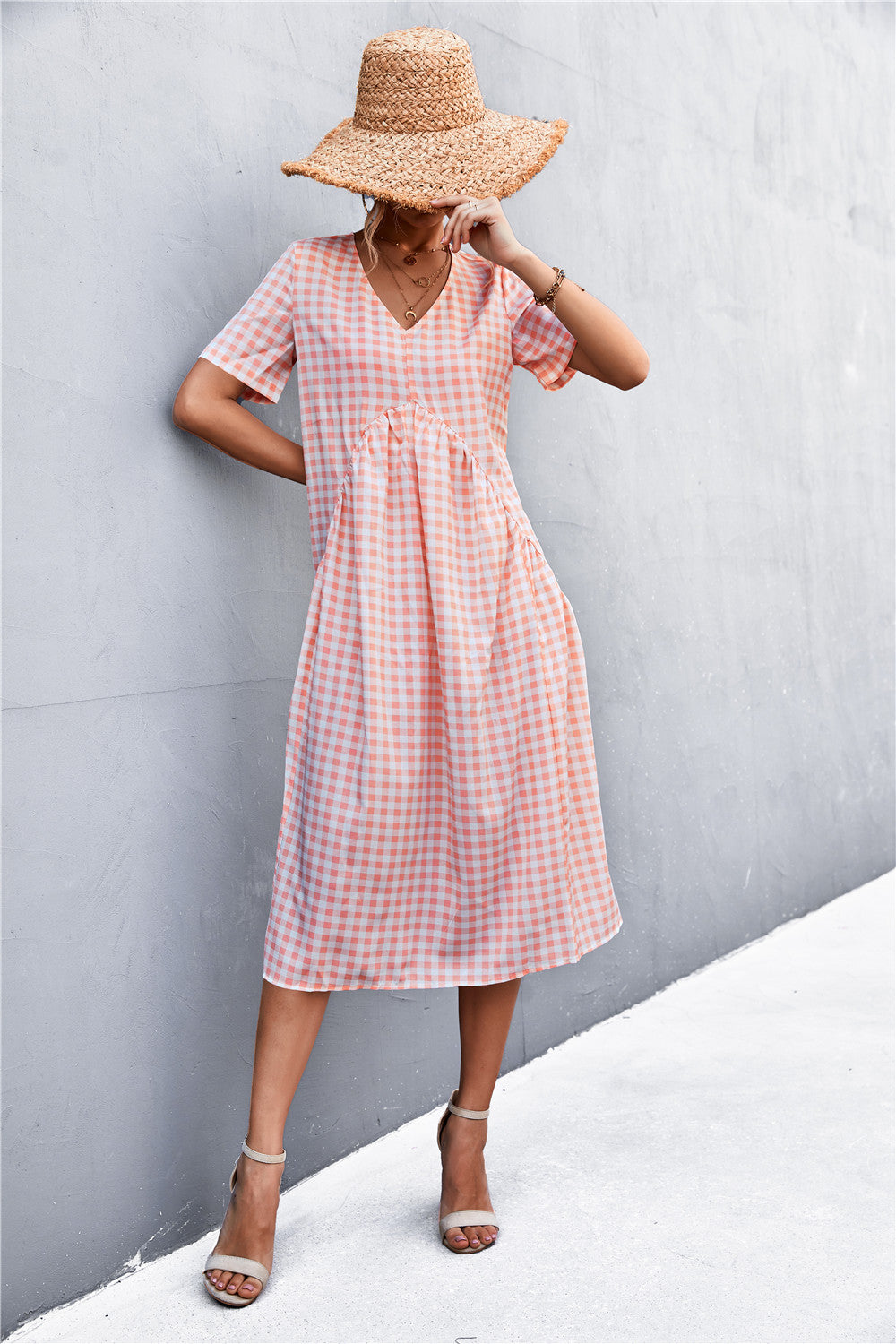 Damen V-Ausschnitt Midikleid mit kariertem Design und ausgestelltem Rock Sovae