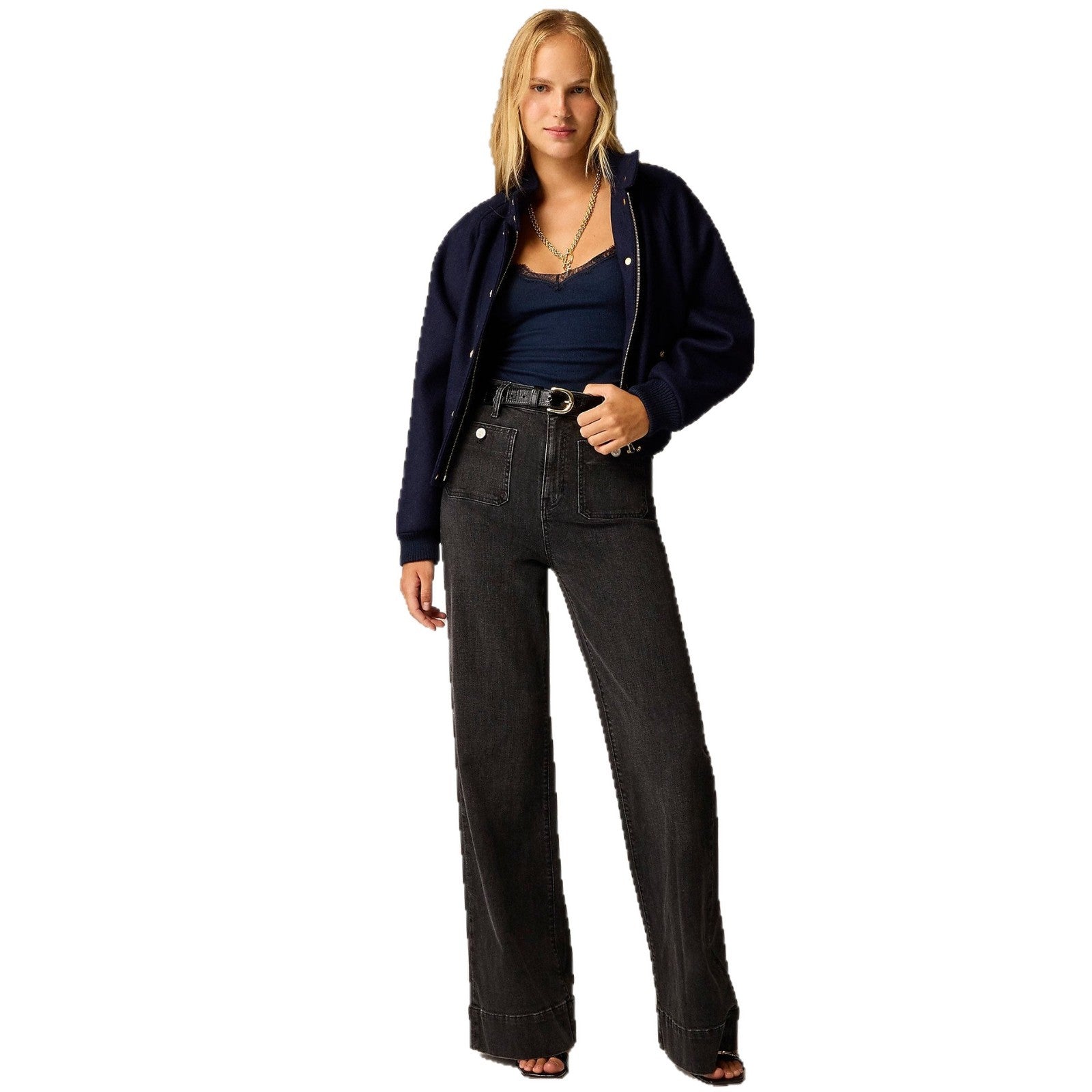 Damen Weit geschnittene Jeans mit hohem Bund und klassischen Taschen Sovae