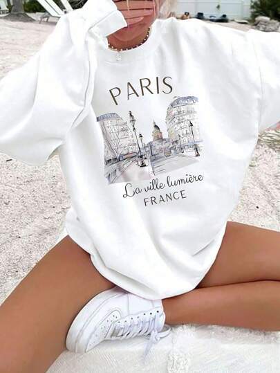 Damen Oversized Sweatshirt mit kreativem Paris-Motiv Sovae