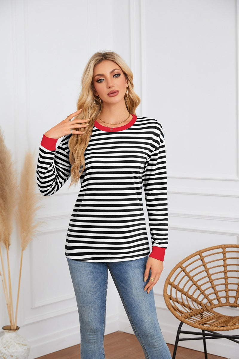 Damen gestreiftes Langarmshirt mit farblich abgesetztem Kragen Sovae