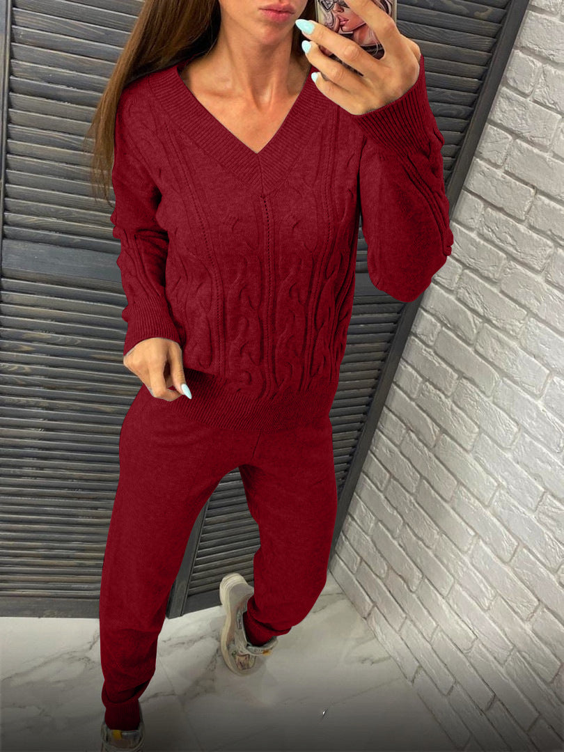 Damen gemütlicher Strickanzug mit V-Ausschnitt und Zopfdesign Sovae