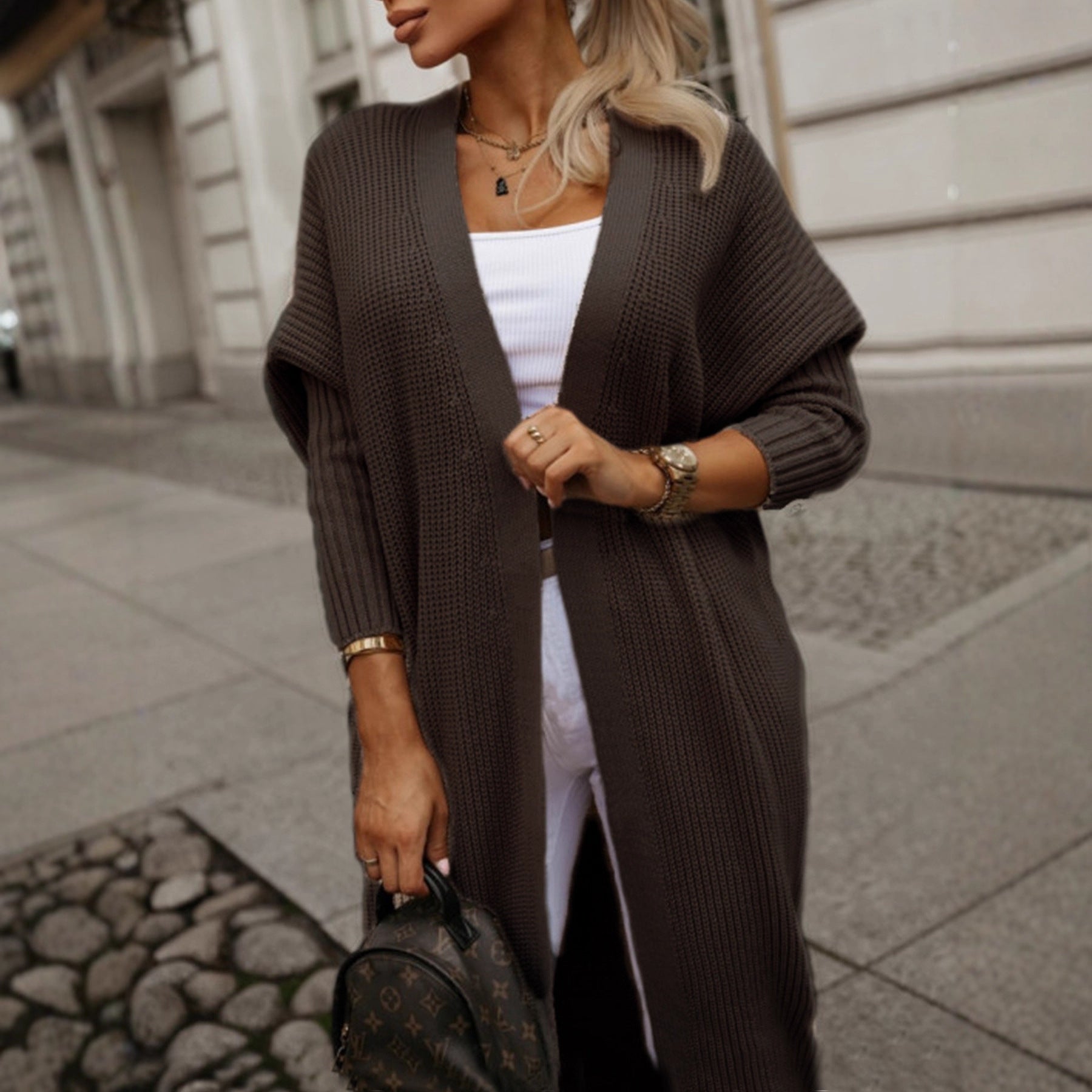Damen modische Langarm Strickjacke mit offenem Schnitt und Waffelmuster Sovae