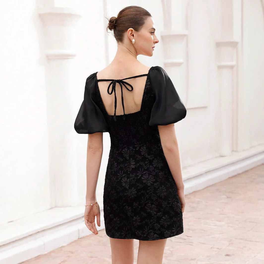 Damen Puffärmel Minikleid mit floralem Jacquard-Muster Sovae