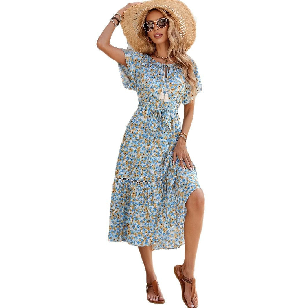 Damen romantisches Blumenkleid mit Taillengürtel und Rüschen Sovae